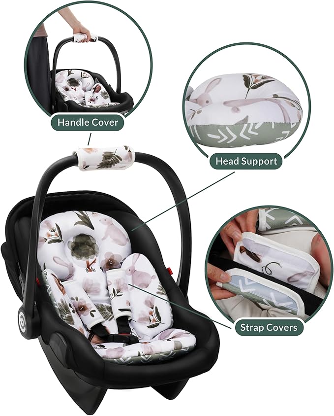 Newborn Car Seat Insert, Head and Body Support, Reversible Infant Insert Compatible with Baby Carseat, Stroller, Mamaroo Swing, Rocker, Bassinet, Bouncer. Baby Car Seat Cushion - Rabbit