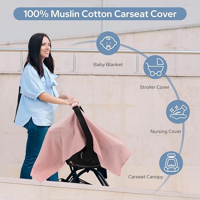 SERAPHY 100% Muslin Cotton Car Seat Cover Baby, Universal Carseat Covers, Breathable Baby Car Seat Canopy for Boys Girls, Soft Infant Car Seat Cover for Summer —Pink