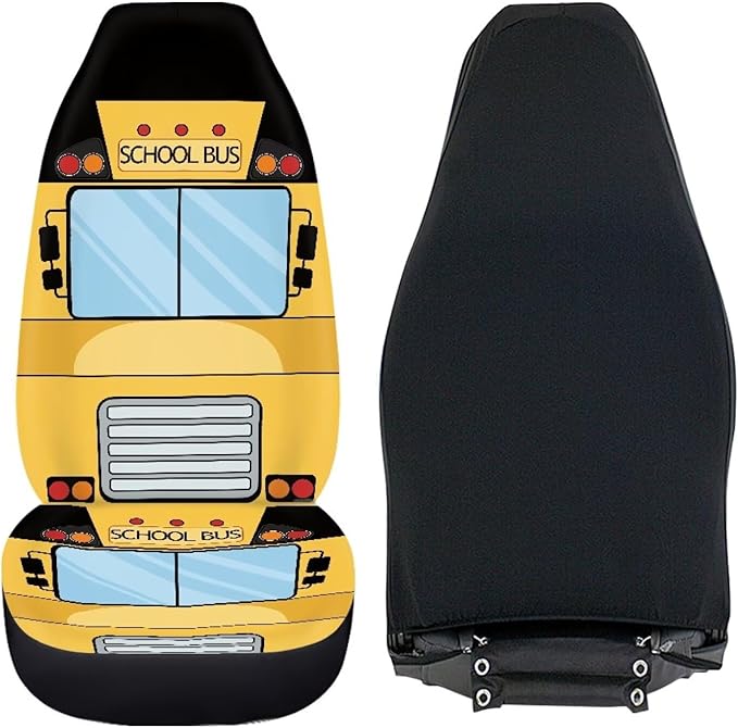 Car Seat Covers Set of 2 Universal Funny School Bus Front Seat Cover Fit for Cars Truck SUV Van, Stretch Polyester Fabric Cover Protection Interior Accessories, Easy to Install
