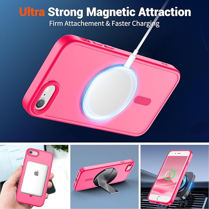 SUPFINE Magnetic for iPhone SE Case 2022 (3rd)/2020 (2nd), iPhone 8 Case with Screen Protector (Compatible with MagSafe) (Military Grade Drop Protection) Translucent Matte Phone Case, Hot Pink