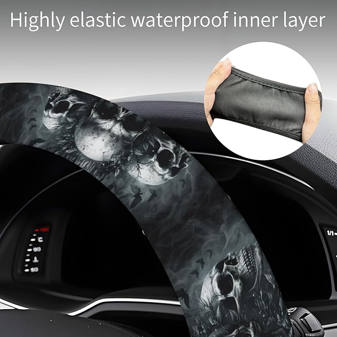 Steering Wheel Covers for Car, Truck, and SUV, Cute Non-Slip Breathable Elastic Steering Wheel, Car Accessories, Universal 15 Inch Leather Cover for Men Women Vantage Skull