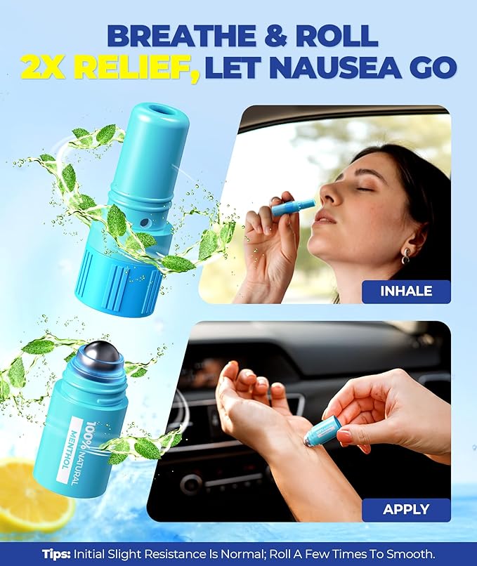 1s Fast Nausea Relief Nasal Stick With 2-in-1 Motion Sickness Ease, 100% Natural Essential Oils For Chemo & Pregnancy Nausea Relief, Non-Drowsy Travel Essentials & Cruise Essentials For Car, Airplane