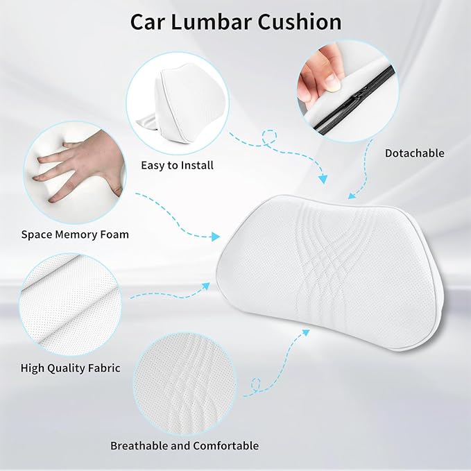 Lumbar Support Pillow for Car Seat, Office Chair Nappa Leather Memory Foam Lower Back Cushion for Back Pain Relief Improve Posture, Ergonomic Back Rest for Gaming Chair, White, 1PC