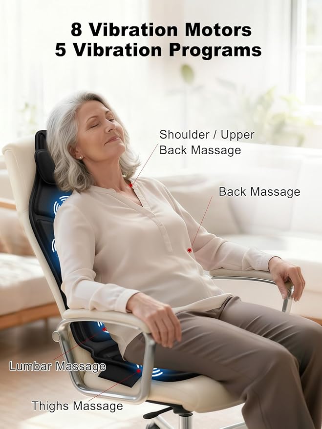 Vibration Massage Seat Cushion with Heat, Full Back & Neck Massager for Chair, 8 Motors Massage Pad with Adjustable Lumbar Support, Heated Chair Cushion for Office Home Recliner
