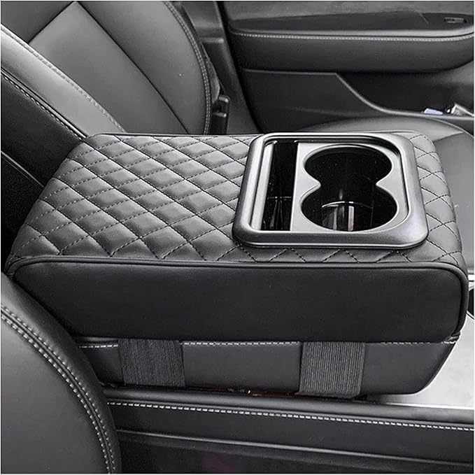 Car Center Console Armrest Pillow, 14"×8.3" Memory Foam Auto Armrest Box Cover with Cup Holder & Phone Holder, Waterproof Leather Arm Rest Protector Cushion, Car Accessories (Diamond Pattern)