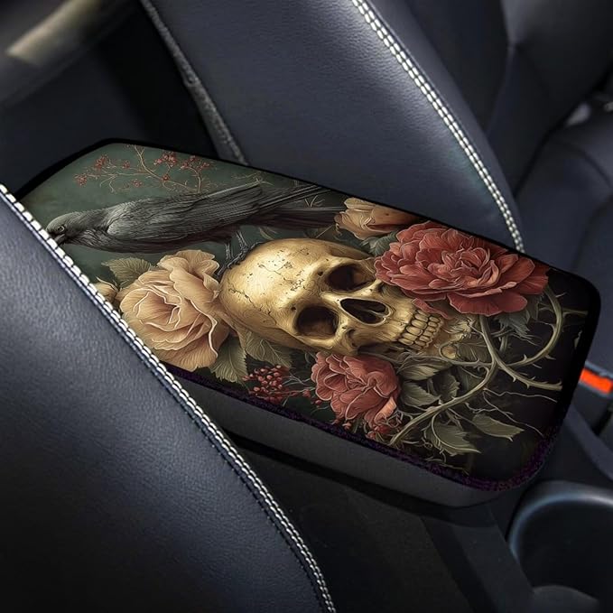 Skull Crow Print Center Console Pad Peony Print Armrest Cushion Cover for Cars Dust-Proof Decorative Armrest Seat Box Cover for Auto Interior