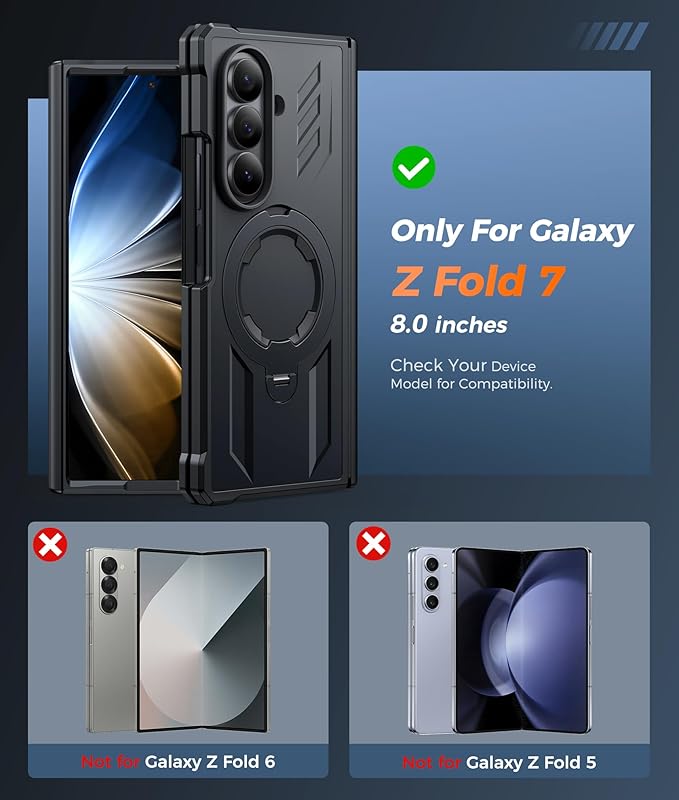 FNTCASE for Samsung Galaxy Z-Fold-7 Case: [360 Spin Magnetic Ring Kickstand] [Compatible for MagSafe] [Screen Protector] Heavy Duty Mil-Grade Protection Samsung Galaxy Z Fold7 Case with Stand Black