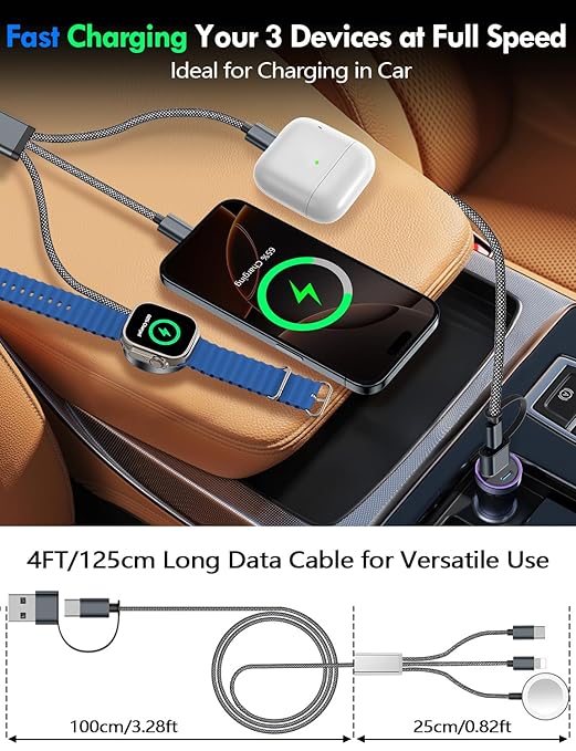2Pack Multi Charging Cable Cord for Travel Essentials,Apple Watch Charger,iPhone Charger,[3-in-2] Type C/L Cable Portable Designed for iWatch,iPhone 17-8,Galaxy S25-21,AirPods,iPad-4FT Black