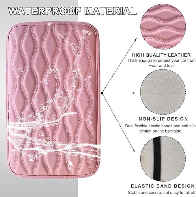Car Center Console Cushion Pad, 12.48×7.40 Inches Waterproof Car Armrest Seat Box Cover, Comfortable PU Leather Vehicle Armrest Cover Protector, Car Decor Interior Accessories (Pink)