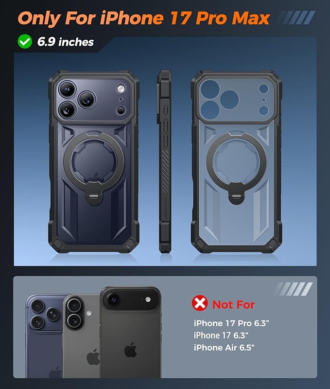 FNTCASE for iPhone 17 Pro-Max Case: [360 Spin Magnetic Ring Kickstand] [Compatible for MagSafe] [Screen Protector] Heavy Duty Military Grade Protection Protective Phone Case with Stand Black
