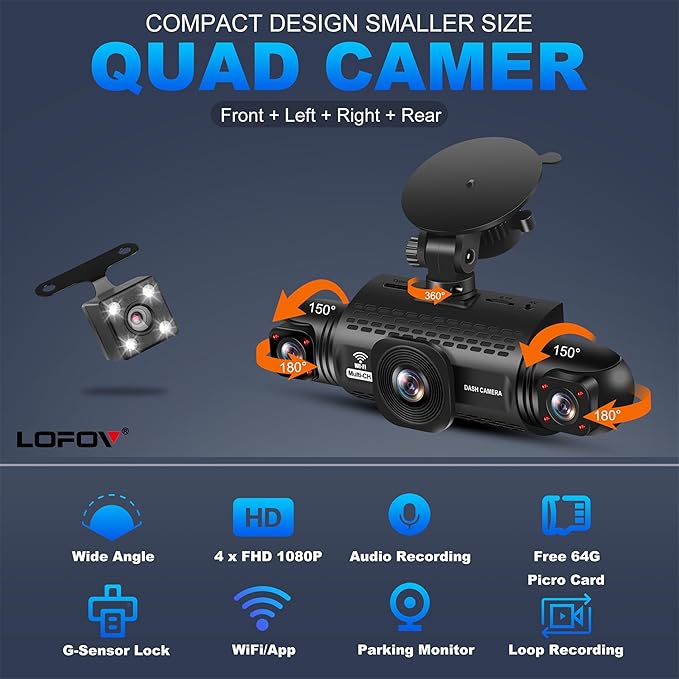 4 Channel Dash Cam 360° View, 2K Front and Rear Inside, Left Right Dash Camera for Cars, 8 IR Lamps Night Vision, 5G WiFi & APP Control, G-Sensor, Parking Mode, with a Free 64GB SD Card