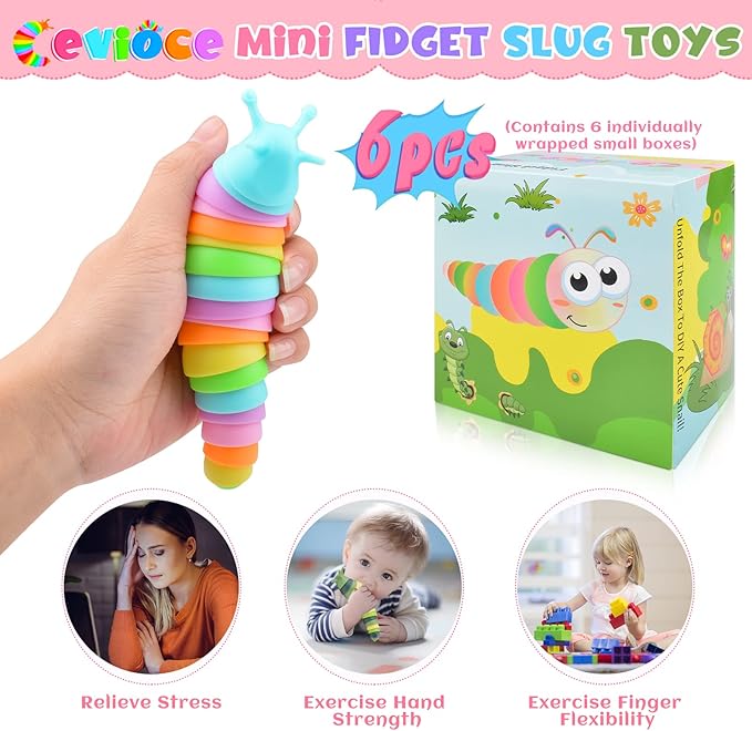 Cevei Cevoce Sensory Slug Fidget Toys for Adults & Kids - 6Pc Cute Autism Sensory Toy Set for Autistic Children, Ages 3+, (5.8 Inch)
