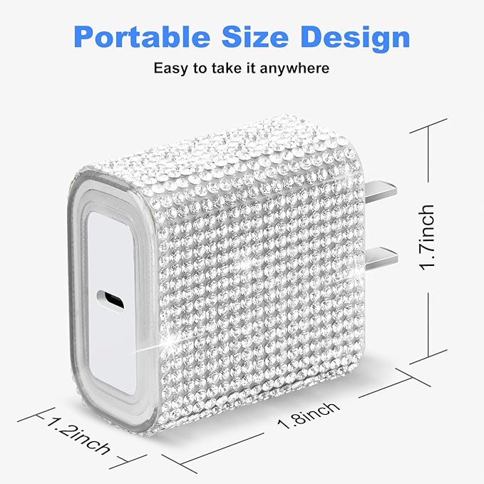 Aolcev for iPhone Charger Fast Charging Bling USB C Charging Block 30W Rhinestones Type C Charger Blocks for iPhone 17 16 15 14 13 12 iPad Bling Fast USB C Adapter for Samsung S26 S25 S24 S23 Sliver