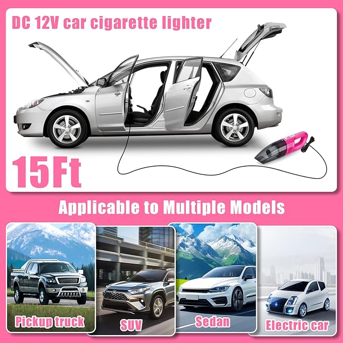 AUTODECO Car Cleaning Kit, Car Vacuum Interior Detailing Cleaner Kit with High Power Handheld Vacuum, Brush Set, Windshield Tool, Duster, Towels, Complete Car Care Tools for Women (Pink)