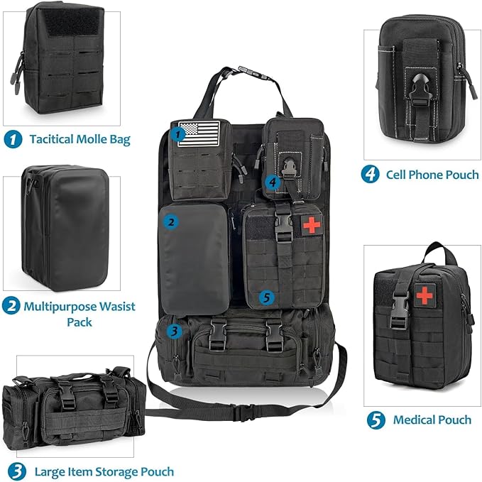 Z8 Tactical Seat Back Organizer, Universal Car Seat Back Cover with 5 Mole Bags in Different Sizes, Universal Fits All Vehicles