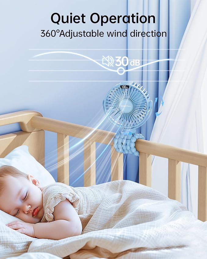SWEETFULL Portable Stroller Fan with LED Display, 4 Speed Rechargeable Mini Clip On Fan, 360° Rotate Flexible Tripod Better Cooling Small Baby Fan for Car Seat Crib Travel Bike Treadmill (Blue)