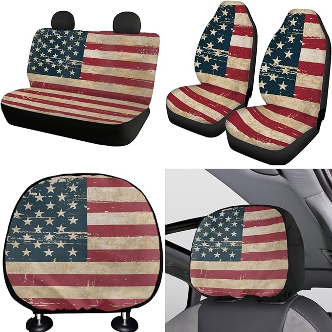 FKELYI Red American Flag Car Seat Covers Full Set, Steering Wheel Protector, Headrest Cover, Gear Shifter Knob and Handbrake Cover