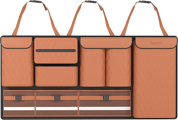 Backseat Hanging Organizer with Large Storage Bags | PU Leather, Large Capacity | Adjustable Straps, Waterproof & Collapsible | Universal Fit for SUVs, Sedans & Trucks | Brown, 37.8" x 18.1" - P810