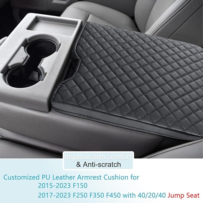 JDMCAR Thicker Center Console Cushion Compatible with 2015-2026 Ford F150 / 2017-2026 F250 F350 F450 with 40/20/40 Jump Seat, Customized PU Leather Cover Center Console Lid Protector (Jump Seat Only)