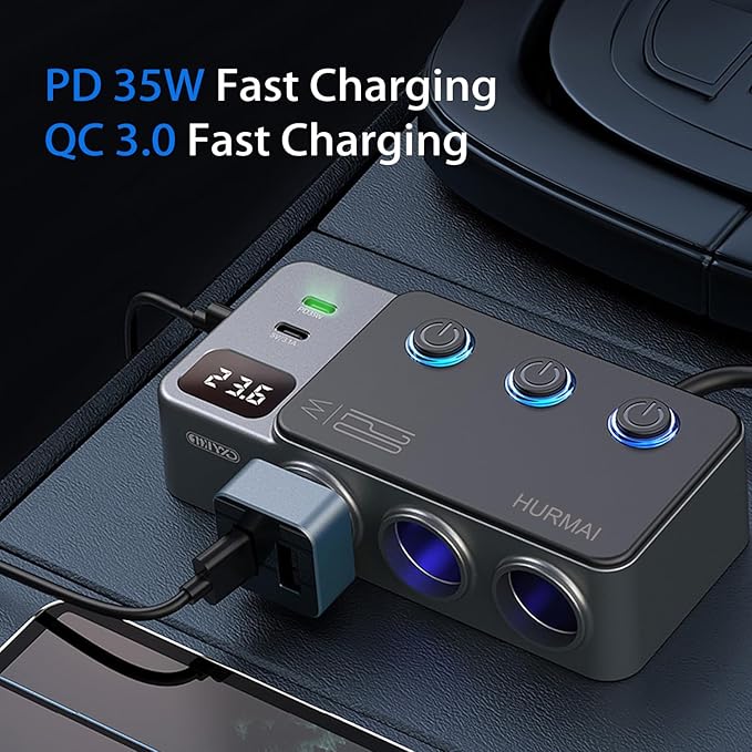 Cigarette Lighter Splitter Adapter, 120W 3 Socket 12V Car Heavy Duty Truck Cigarette Lighter Plug USB Charger Multi Port Car Plug Outlet Splitter with LED Voltage Display Independent Switches