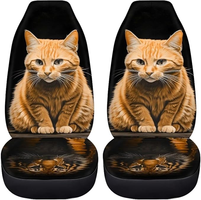 BIGCARJOB 2 Pcs Animal Car Seat Cover Set for Front Only,Funny Cat and Tiger Print Vehicle Bucket Seat Cushion Pads Auto Seat Protector for Men Women,Fit Most Cars,Sedan,Truck,SUV