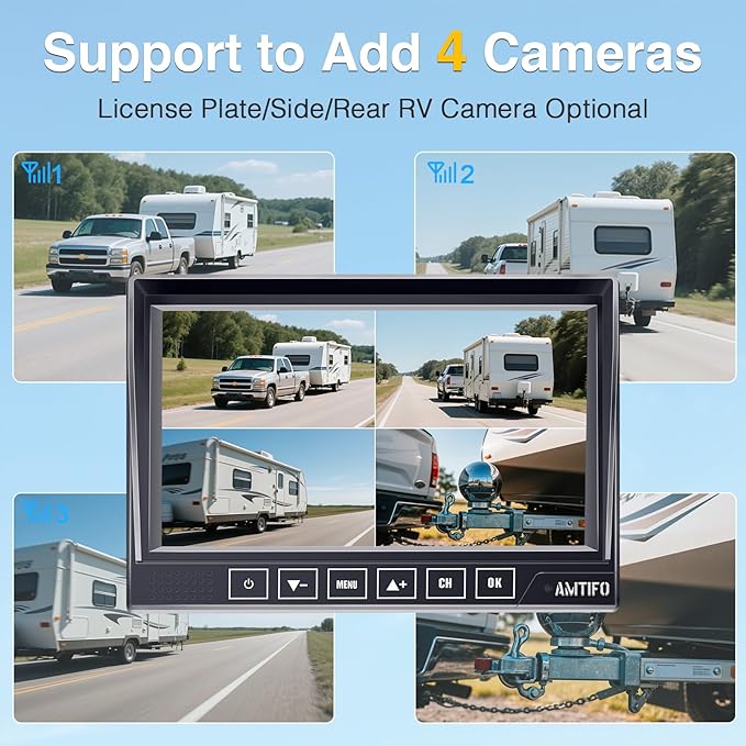RV Backup Camera Wireless Easy Install: Plug & Play for Furrion Pre-Wired RVs - 7″ HD Touch Key Monitor, 1080P DVR, 4-Channel Split-Screen, Night Vision, IP69K Waterproof AMTIFO A7