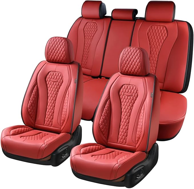 Coverado Car Seat Covers Full Set, Seat Covers, Car Seat Cover, Car Seat Covers Front Seats Back Seat Cover, Waterproof Car Seat Cushion, Leather Red Seat Covers Seat Protector Universal Fit Most Cars