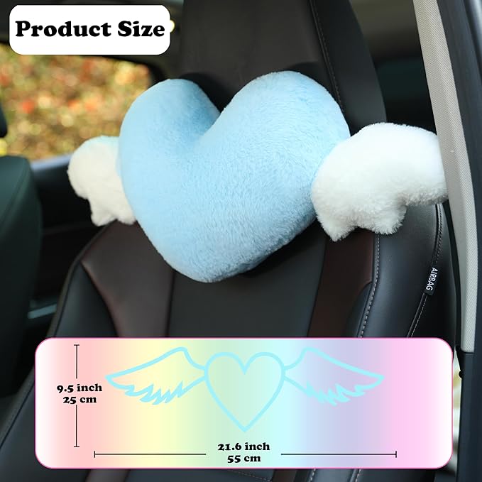 2 Pack Heart Shaped Cute Car Headrest Pillow with Angel Wings - Comfortable Soft Head Rest Cushion Kawaii Car Accessories Neck Pillow for Driving Travelling Office Home Decor - Light Blue Love Heart