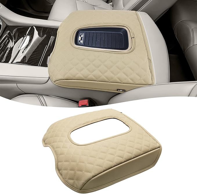 KBH Center Console Armrest Cover for Cadillac Escalade 2015 2016 2017 2018 2019 2020, Vinyl Leather Trim, Middle Console Arm Rest Lid Cushion Pad, Anti-Scratch, Beige