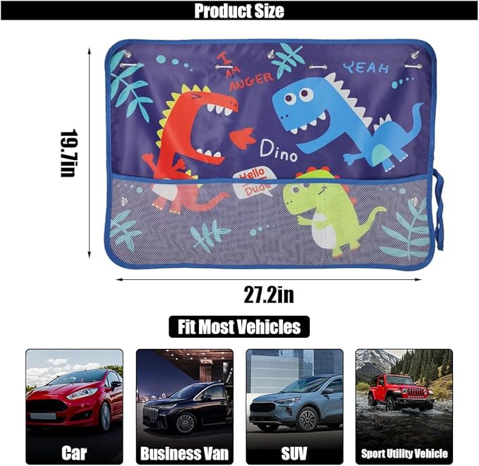 Car Window Shade for Baby, Blackout Car Window Curtain with Storage Pockets & 7 Suction Cups, Cartoon Pattern Cars Side Window Sun Shade Cover for Sun/Heat/UV Rays Protection (Blue-Dinosaurs)