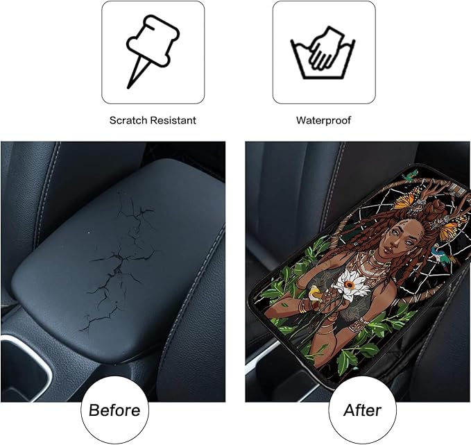 Car Armrest Cover Pads Universal Fashion Cute Auto Center Console Armrest Cover Pad with 2PCS Car Coasters Soft Waterproof Car Armrest Seat Protector for Women, African American Girl