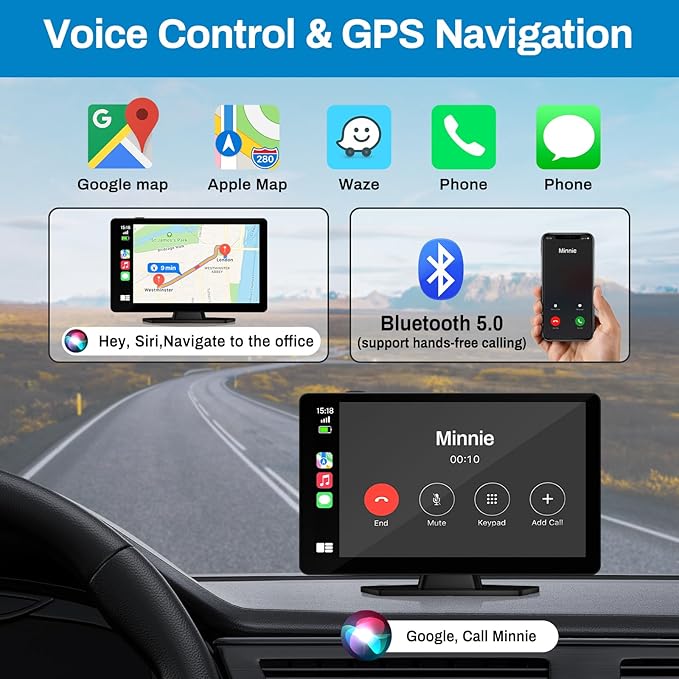 BOXGVO Wireless Carplay Screen for Car with 4K Dash Cam, 9" Portable Carplay & Android Auto, Car Touchscreen with 1080p Backup Camera, GPS/Voice Control/FM//Mirror Link/Bluetooth