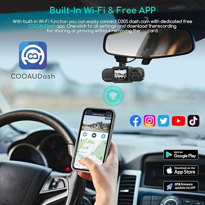 COOAU 4K Dash Cam with 256GB Card & GPS Wi-Fi, D30S Dual Dash Cam Front and Inside 2.5K+1080P, Dashcam with Infrared Night Vision, Dash Camera with 4 IR LEDs, G-Sensor, Parking Mode, Loop Recording
