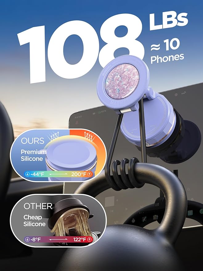 Upgraded Vacuum Magnetic Car Phone Holder for MagSafe[108+LBS Strongest Suction & 3000gf Strongest Magnetic],360° Adjustable Suction Cup Phone Mount for Car,Gym,Mirror,Men Women-Purple