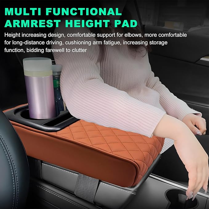 Car Center Console Armrest Pillow, Memory Foam Auto Armrest Box Cover with Cup Holder & Phone Holder, Waterproof Leather Arm Rest Protector Cushion, Interior Car Accessories (Diamond, Brown)