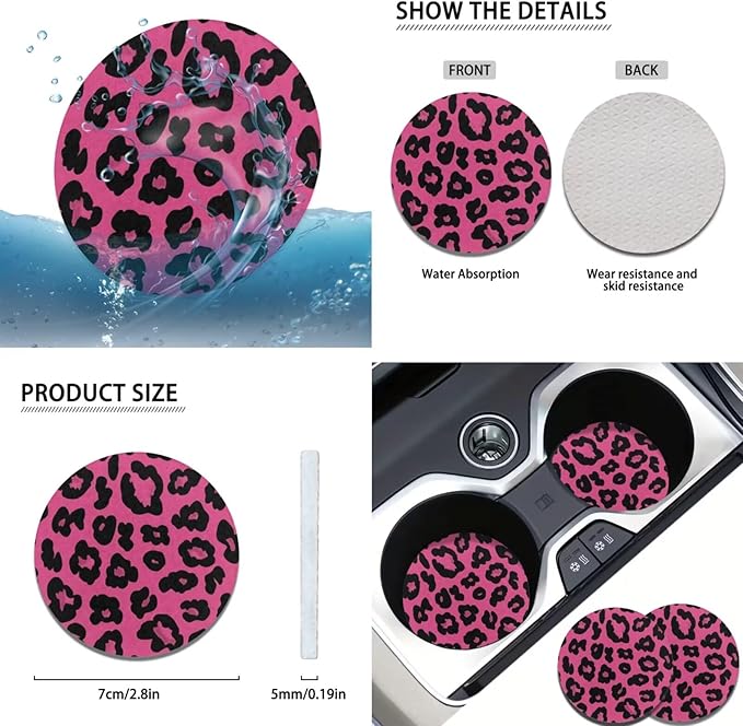 Pink Leopard Print Steering Wheel Covers Set for Women Car Interior Decor Cup Coaster Handbrake Cover Suit for Most Cars Truck Vans SUV-6 Pcs