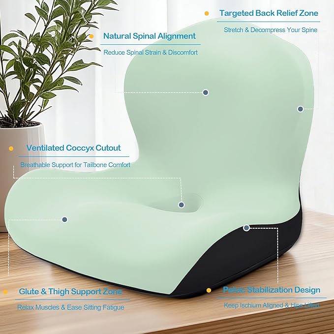 Seat Cushion, Office Chair Cushion, L-Shaped Ergonomic Car Seat Cushions, Memory Foam Chair Cushion, Lumbar Support Pillow for Wheelchair, Car, Home, Office, Desk, Green
