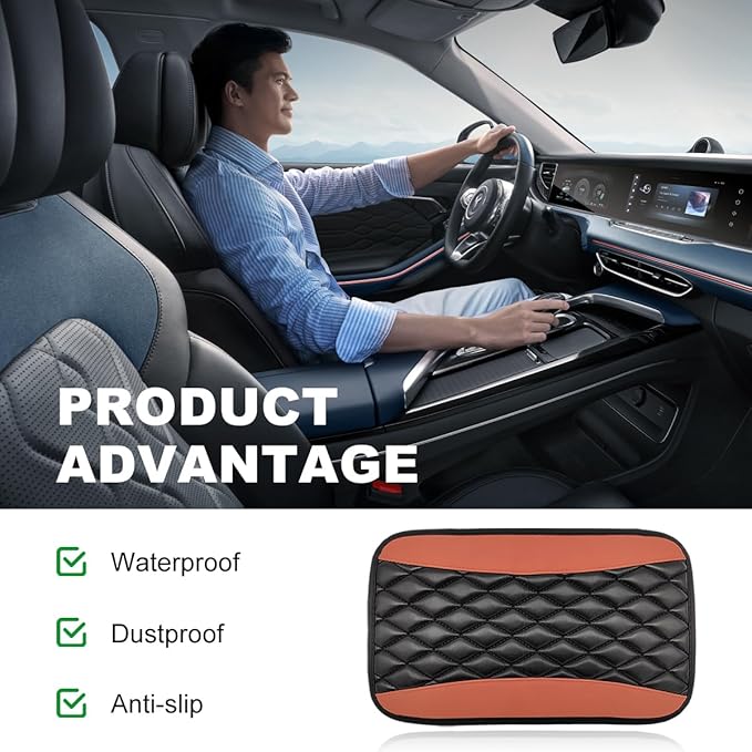 Car Center Console Cushion Pad, 12.6 × 7.48 Inches Waterproof Car Armrest Seat Box Cover, PU Leather Armrest Cover Protector for Most Vehicle, Universal Car Interior Accessories (Black+Brown)
