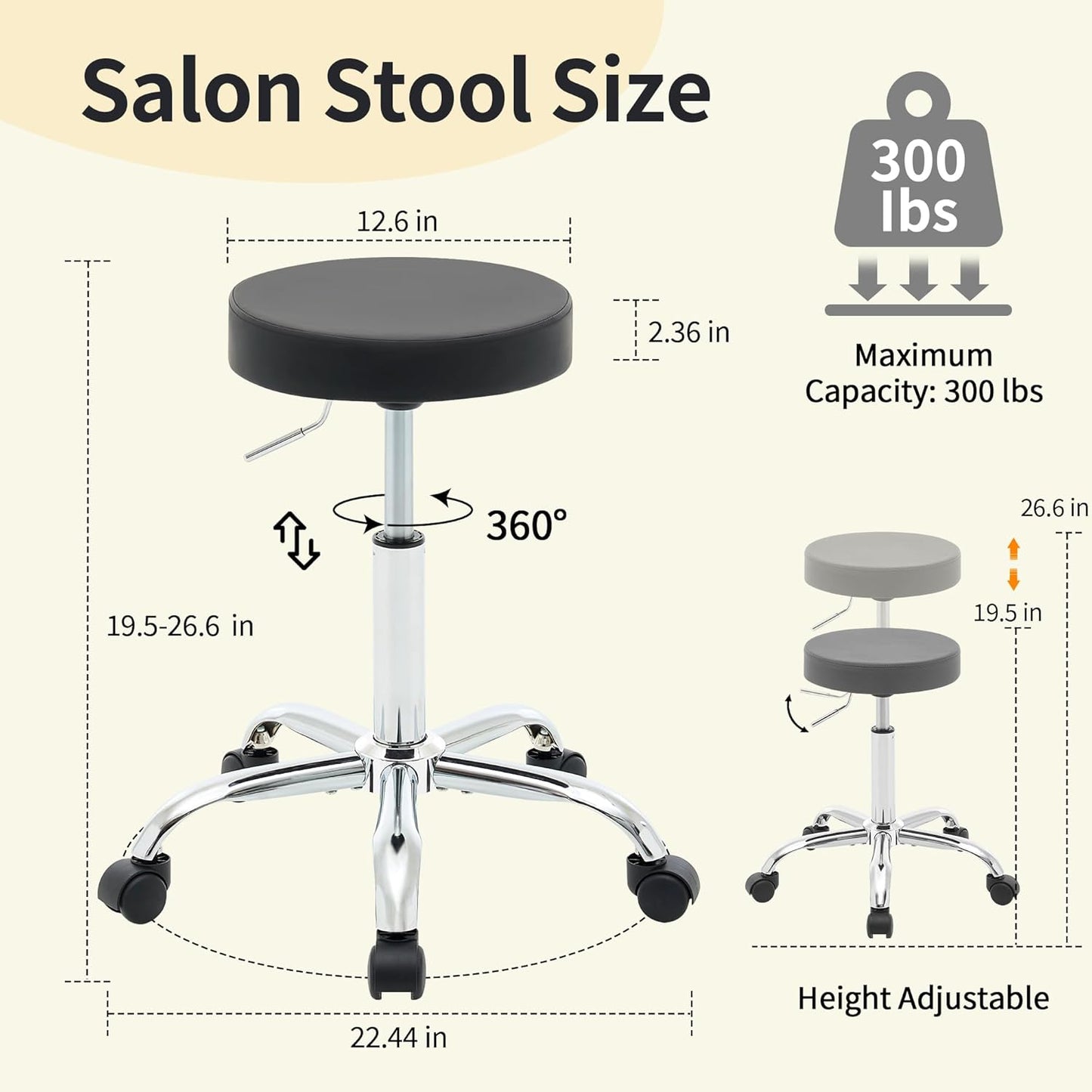Tatto Rolling Chair, Height Adjustable Backless Chair for Desk 19.5’’-26.6’’,Black Salon Stool(Black)