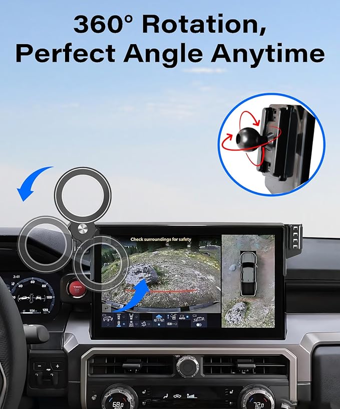 Car Phone Holder for 2024 2025 2026 Toyota Tacoma/2025 Toyota 4Runner Accessories Apply to 14 Inch Touch Screen Fixed Clip MagSafe Passenger Cell Phone Mount Handsfree 360° Rotation