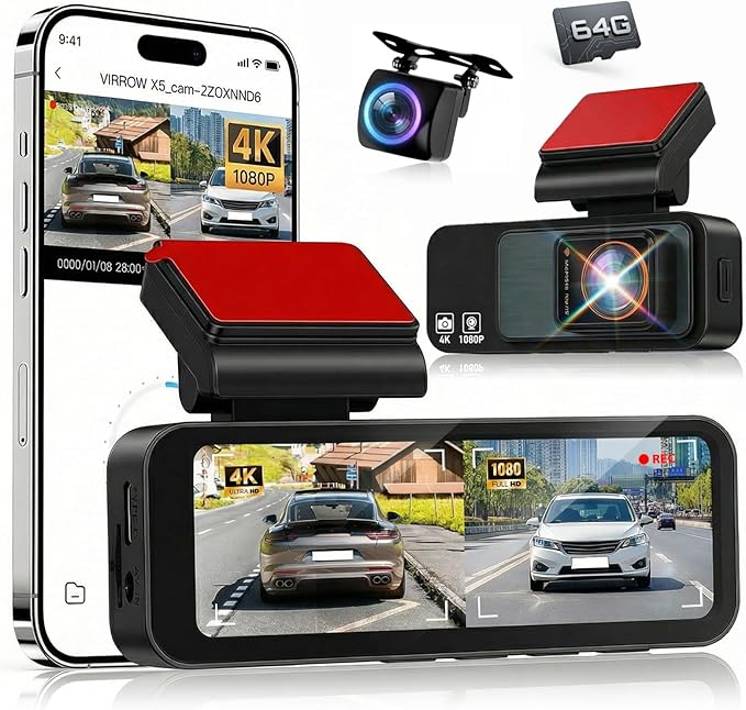 4K Dash Cam Front and Rear, NHOPEEW 3.16" Screen Dual Dash Camera for Cars with WiFi & GPS, Night Vision, 170°Wide Angle Car Dashboard Cam, G-Sensor, Loop Recording, 64GB Card Included