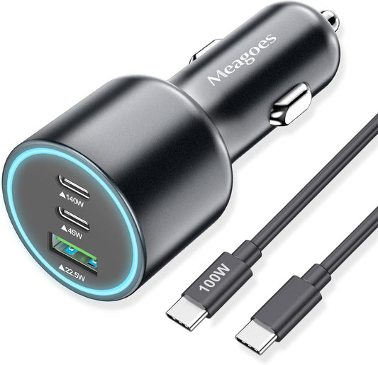140W USB C Car Charger, Super Fast Charging for iPhone 16 Pro Max/MacBook Pro/Air/Samsung S25, Drone, PD3.1&PPS 45W Type C Cigarette Lighter Adapter, Laptop Car Charger with a 100W E-Mark Cord