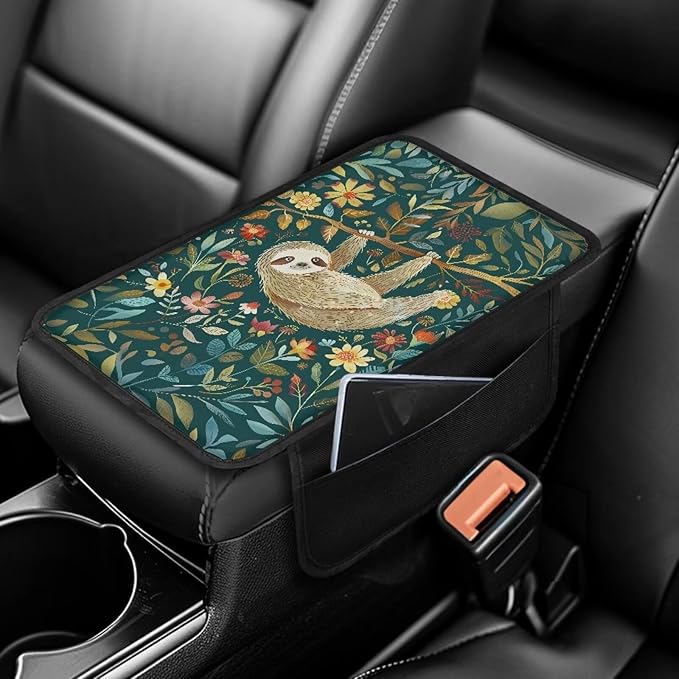 Sloth Floral Tree Print Center Console Covers for Cars Washable Auto Armrest Storage Box Mat Waterproof Car Armrest Seat Box Cover Cushion Car Accessories Interior Protection