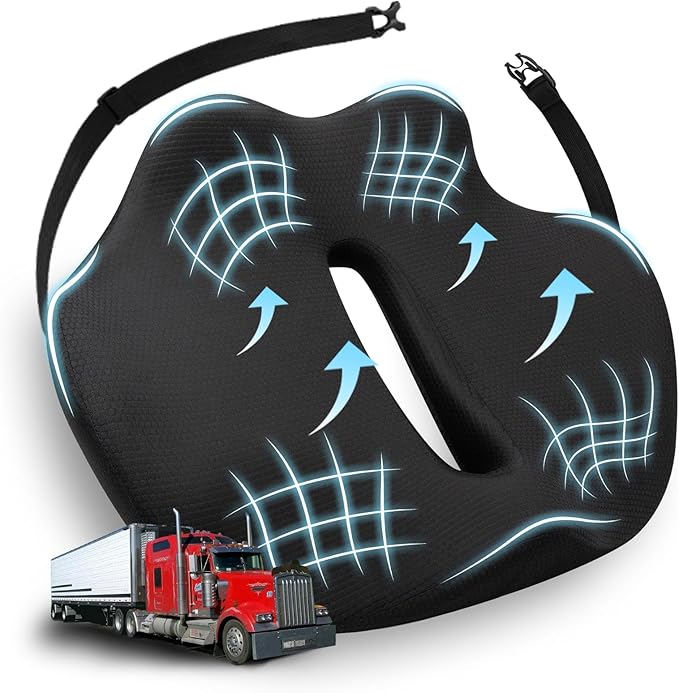 X-Large Seat Cushion for Truck Driver, Upgraded Cushion for Back Support and Pain Relief, Memory Foam with Non-Slip Washable Cover, Relieves Long-Term Truck Sitting and Pain Black
