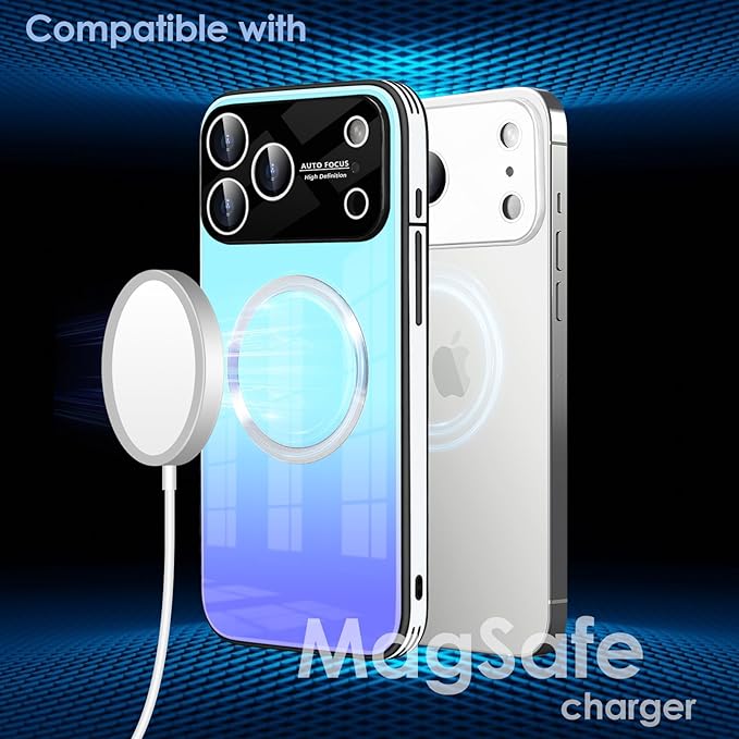 Guppy Compatible with iPhone 17 Pro Magnetic Case, with Full Camera Lens Protector [Compatible with MagSafe] Scratch Resistant Gradient Glass Back Cover Phone Case-Blue