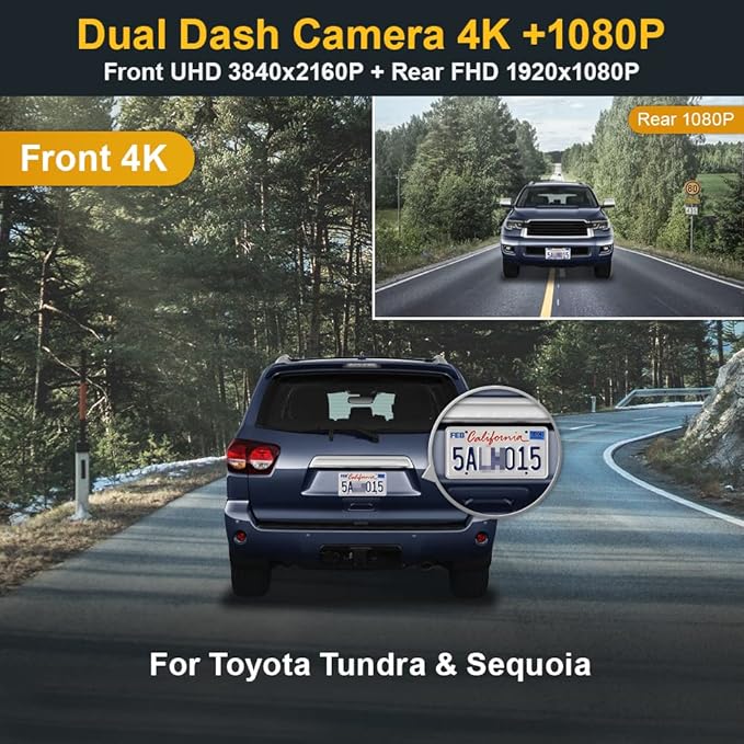 Fitcamx 4K Dual Cam Suitable for Toyota Tundra 2017 2018 2019 2020 2021 & Sequoia 2017-2022 Limited SR5 Platinum, OEM Look, Front 2160P Rear 1080P HD Video, Loop Recording WiFi, G-Sensor 128GB Card