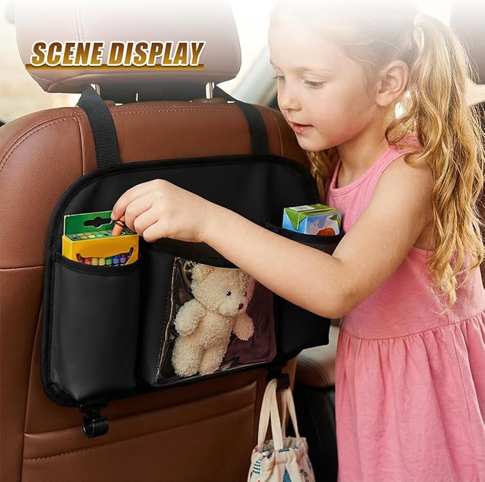Craedli 3 in 1 Car Back Seat Organizer with Cup Holder & Hook, Multifunctional Car Seat Back Storage Box for Hold Phone Drinks Handbag, Auto Interior Organizer Travel Accessory with Tissue Box (Black)
