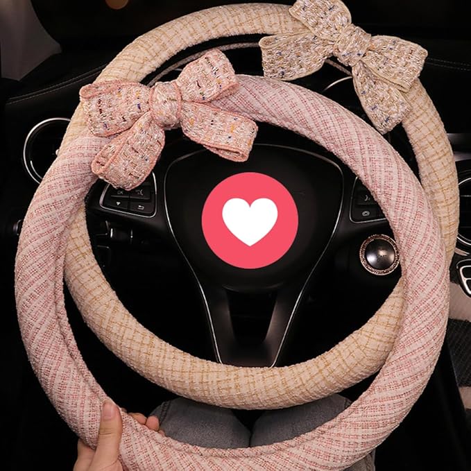 Bow Tie Cute Pink Plaid Steering Wheel Cover Women 14.9" Girly Steering Wheel Cover Fit for Sedans Cars (Pink)