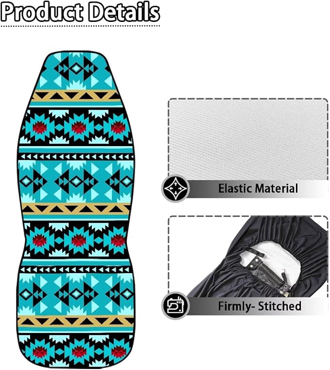 ELEQIN Blue Aztec Car Seat Covers Two Front Only for Car, Automotive Interior Covers, Quick Setup Universal Fit Seat Covers for Car, Truck, SUV