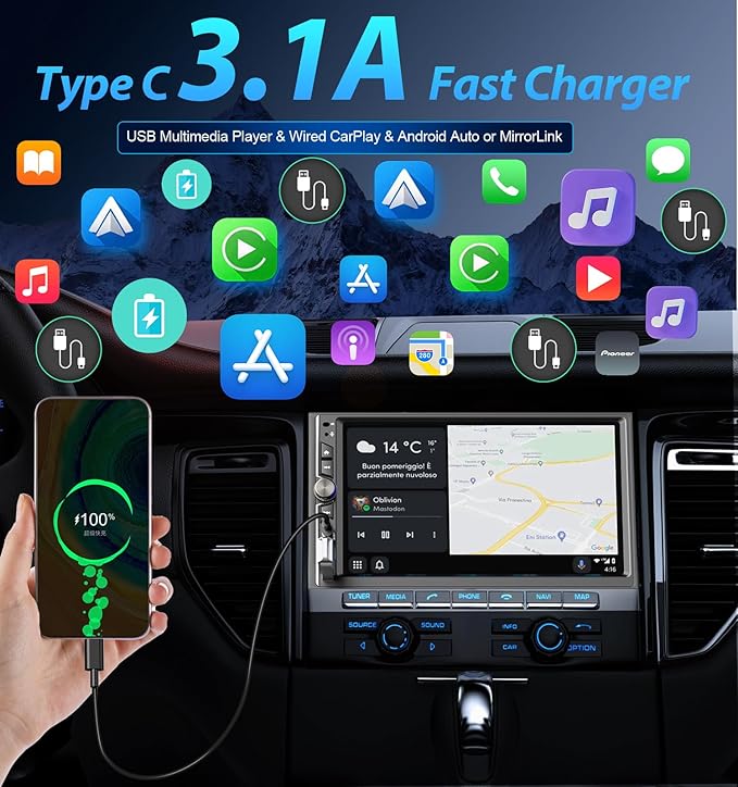 Double Din Car Stereo with Wireless Apple CarPlay & Android Auto 7" IPS Screen, Car Play Radio Audio, 240W, Bluetooth, AHD Backup Camera, USB-C Fast Charging, 16-Band EQ, SWC, MirrorLink